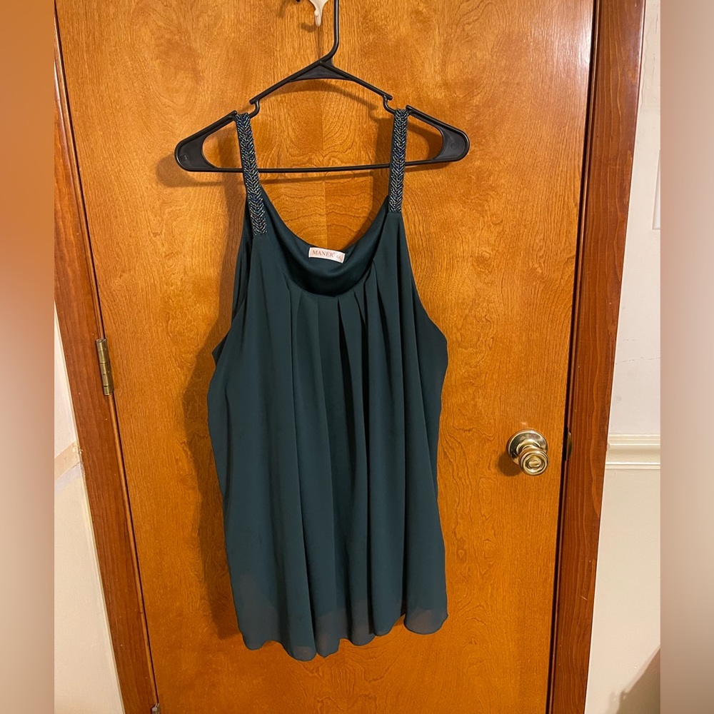 MANER Women's Plus Size Cami Casual Pleated Chiffon Tank Top with Beaded Strap